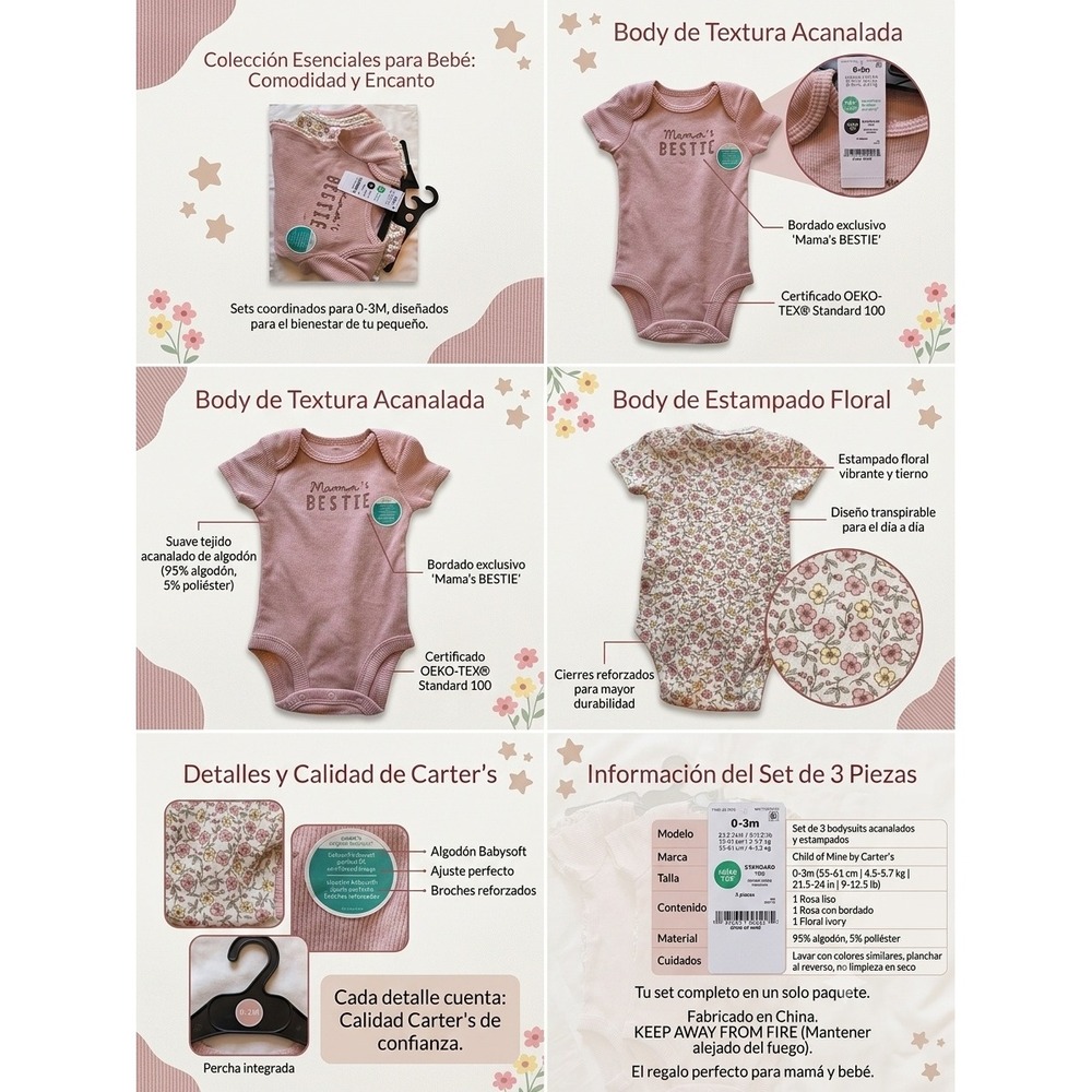 Child of Mine by Carters Baby Girls 3PK Bodysuits Pink Floral Mamas Bestie 0-3M